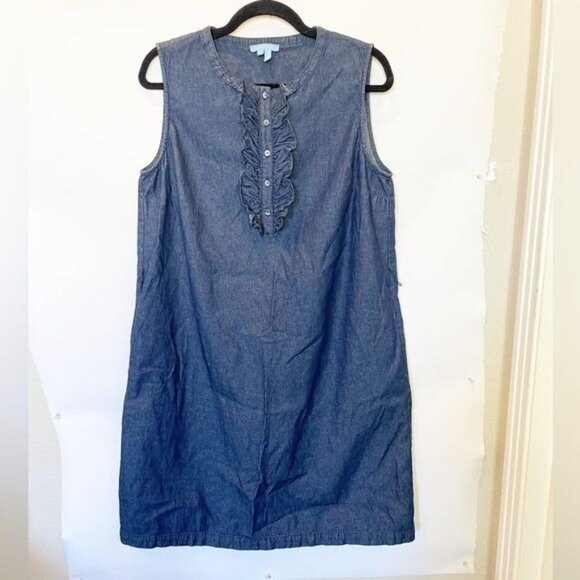 Draper James Sleeveless Dark Denim Chambray Ruffle Shift Dress Large Reese - Picture 6 of 12